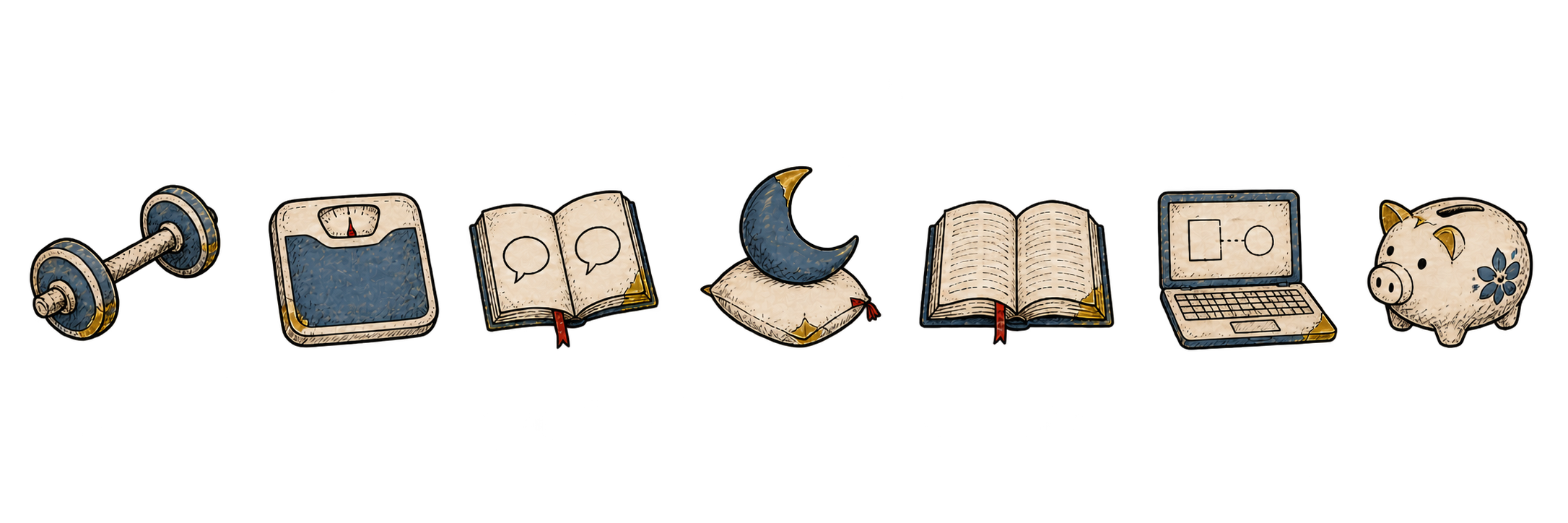 Seven postponed life goals: exercise, weight loss, language learning, better sleep, reading, a side project and wealth